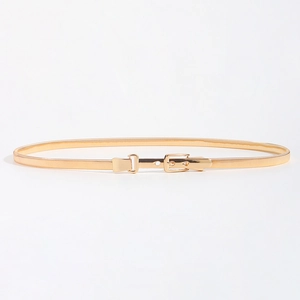 Detail of elegant gold elastic spring metal belt with a minimalist front interlocking buckle
