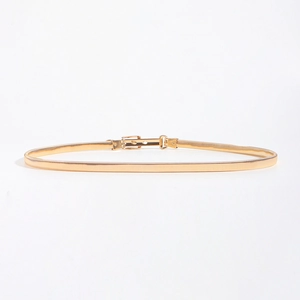 Detailed close-up of golden elastic metal chain belt with a polished rectangular buckle