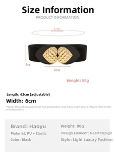 Detailed size chart for black elastic waist belt with gold heart-shaped metal buckle