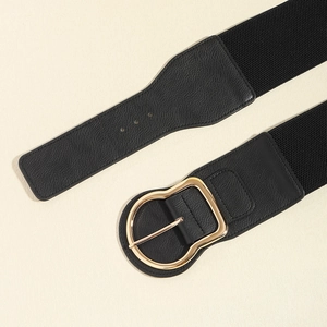 Ceinture large élastique pour femme en cuir noir texturé avec boucle dorée en D