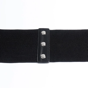 Detail of black elastic corset belt with three silver metal rivets on a leather patch