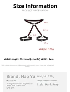 Size chart for black PU leather punk body harness showing adjustable 89cm waist and 2cm width