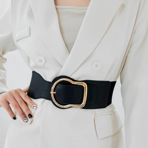 Ceinture Élastique Large pour Femme Avec Boucle Irrégulière en Alliage Doré Ceinture Décorative en Simili Cuir Noir