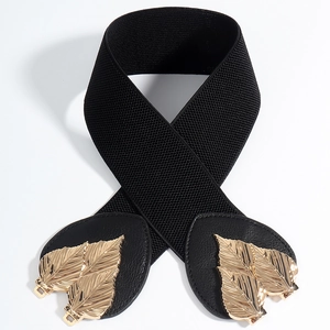 Elastic waist belt for women with golden metal leaf buckle on black stretchy fabric