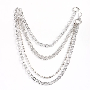 Detail of four-layer silver metal waist chain showing mixed link textures and lobster clasps