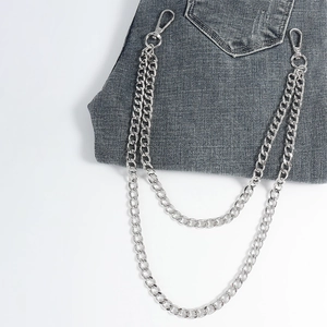 Punk style double-layered silver metal pants chain for jeans with lobster clasps
