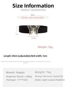 Detailed view of elastic waist belt with 9.5cm gold butterfly buckle and size markings