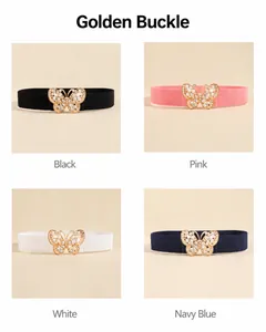 Detailed grid view of elastic waist belts in four colors with rhinestone butterfly buckle
