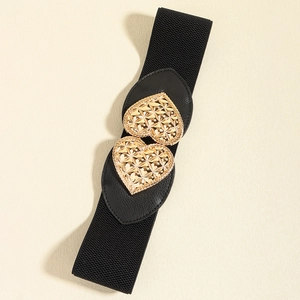 Women's wide elastic black waist belt featuring a gold heart buckle with embossed detail