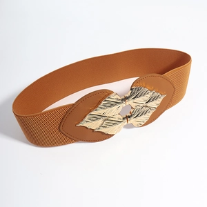 Detail of brown elastic waist belt with elegant golden double leaf buckle on white background
