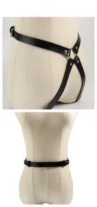 Detail view of black PU leather body harness showing metal rings and adjustable buckle design