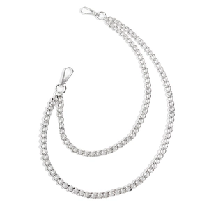 Close-up of double-layer silver metal waist chain with dual lobster clasps for punk pants style