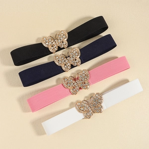 Elastic waist belts for women featuring sparkling rhinestone butterfly buckles in four colors