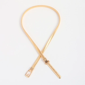 Detail of golden elastic metal belt with fine horizontal texture and pin buckle