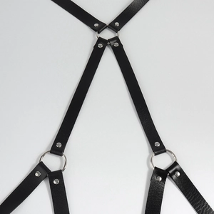 Punk style black leather body harness with silver metal rings and rivet studs decoration
