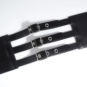 Cintura a corsetto in pelle PU nera con tre fibbie metalliche e fascia elastica