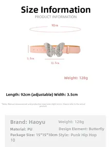 Guide détaillé des tailles pour ceinture papillon punk montrant 92 cm de long et 3,5 cm de large