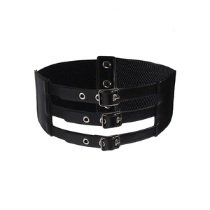 Women's punk wide elastic waist belt with triple faux leather straps and silver buckles