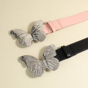 Ceinture tendance pour femmes avec grande boucle papillon argentée en rose et noir