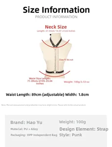 Detailed size chart for black PU leather punk body chain with adjustable neck and waist straps