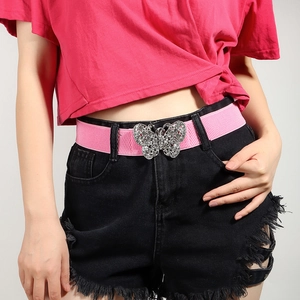 Pink elastic waist belt with sparkling rhinestone butterfly buckle for women's dresses