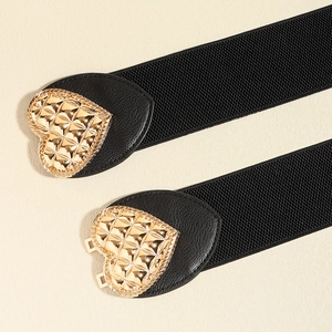 Elastic wide black belt with golden heart-shaped buckle for dresses and blazers