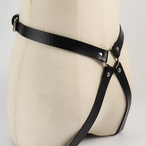 Gothic black PU leather body harness with silver metal rings and adjustable straps