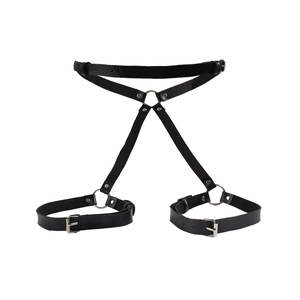 Punk style black PU leather body harness belt with adjustable waist and leg rings for women
