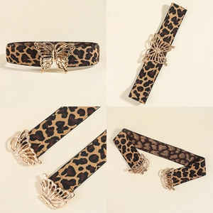 Detailed views of leopard print elastic belt featuring a golden cutout butterfly metal buckle