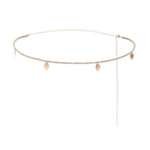 Golden waist chain with sparkling rhinestones and delicate leaf pendants for beach wear