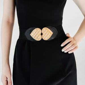 Women's Elastic Corset Belt Heart Interlocking Buckle Gold Diamond Embossed Black Stretch Waistband For Dresses Fashion