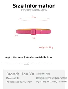 Detailed size chart for rose red PU leather belt with 3cm width and 104cm total length