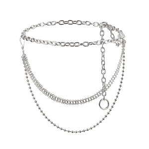 Elegant layered silver metal waist chain with ring pendant for women's dresses