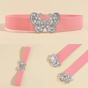 Detailed view of pink elastic waist belt featuring a sparkling rhinestone butterfly buckle