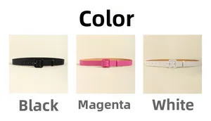 Detailed view of slim leather belts in black, magenta, and white with square buckles