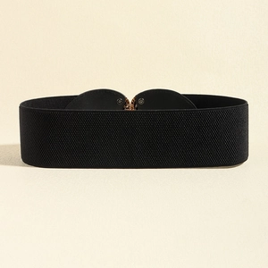 Women black elastic wide waist belt with golden heart interlocking buckle for dresses