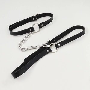 Sexy black leather body chain with silver punk links and adjustable buckle straps
