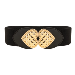 Elastic wide black belt for women with golden heart buckle and diamond texture finish