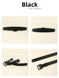 Close-up of black PU leather belt with square buckle and adjustable holes for women