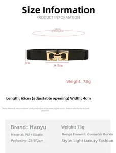 Detail view of elastic waist belt showing 65cm length and golden geometric buckle