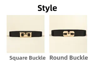 Detail view of black elastic waist belt with gold square and round geometric buckles