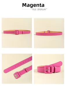 Detail view of a magenta women's belt with a color-matched square buckle and smooth finish