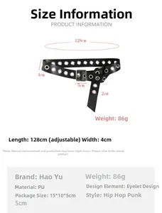 Size chart showing 128cm black PU punk belt with metal eyelets and dimensions detail