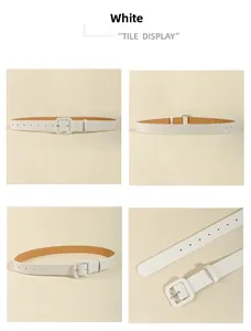 Detailed views of a white slim leather belt featuring a matching wrapped square buckle