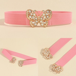 Close-up of pink elastic belt featuring a sparkling rhinestone butterfly buckle detail
