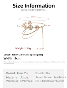 Size chart for sunflower metal body chain featuring 105cm adjustable length and alloy detail