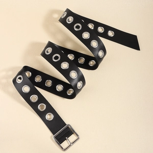 Black punk style soft leather belt with silver metal grommets for jeans and streetwear