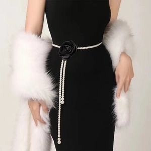 Elegant Artificial Pearl Waist Chain Belt For Women With Satin Camellia Flower Tassel Decorative Body Jewelry For Dresses Coats