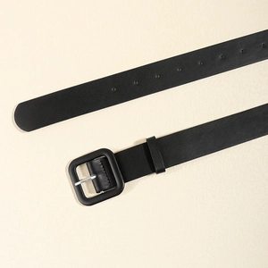 Women's black PU leather belt featuring a leather-wrapped square buckle and pin design