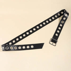 Black punk style grommet belt with silver eyelets and square buckle for jeans